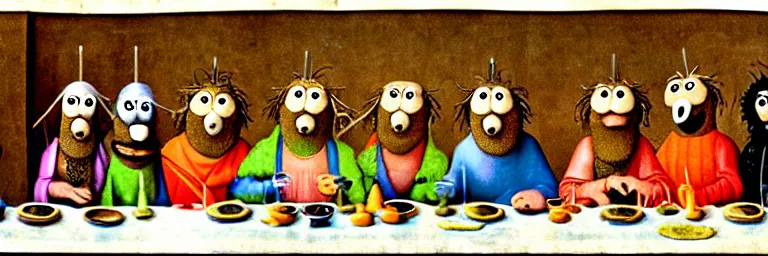 Image similar to the last supper on sesame street. art by hieronymus bosch