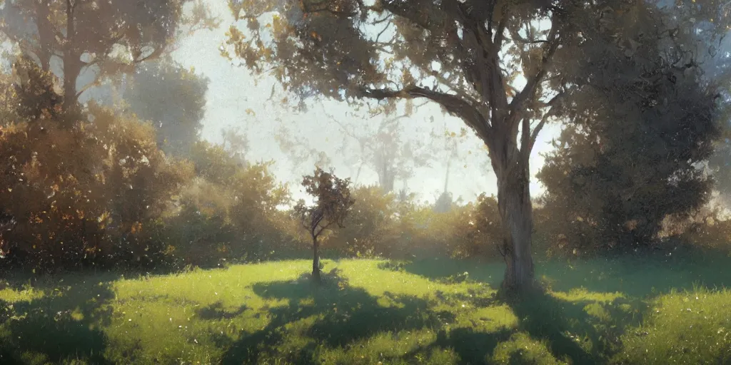 Image similar to digital art painting of a single tree in the middle of a front yard painted by craig mullins and gaston bussiere and greg rutkowski