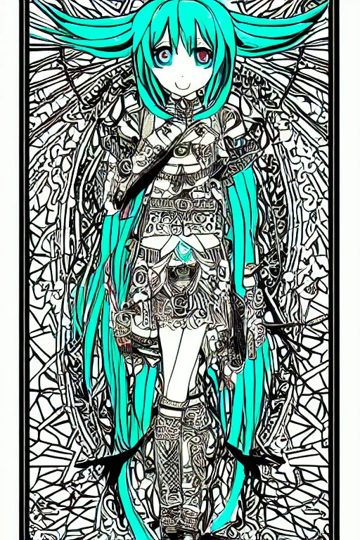 Prompt: hatsune miku, intricate, amazing line work, colorful, tarot cards, the devil tarot card