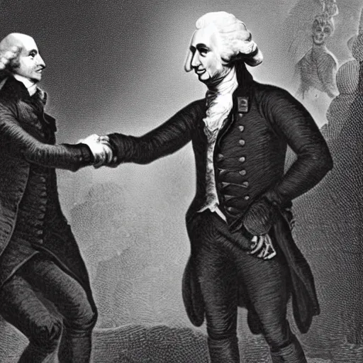 Image similar to short scary alien shaking hands with george washington in an 1800s photograph