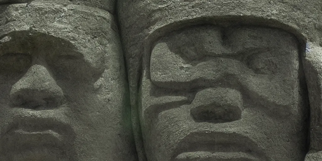 Image similar to olmec head statue on top of a column, at the center of a river delta in the amazon forest, dramatic landscape, volumetric light, digital art, trending on deviantart