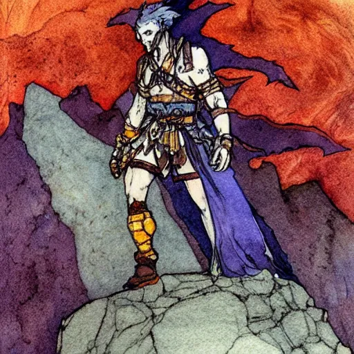 Prompt: watercolor, barbarian on mars, standing on boulder facing clouded expanse, , final fantasy tactics character, artwork by harry clarke, shrouded