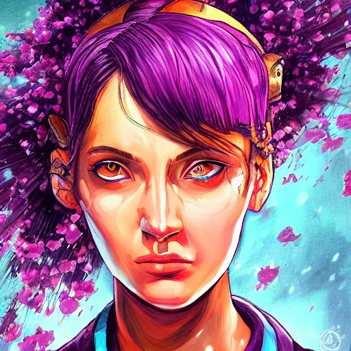 Prompt: an epic fantastic realism comic book style portrait painting of a purple - eyed girl, cherry blossom rain everywhere, apex legends,