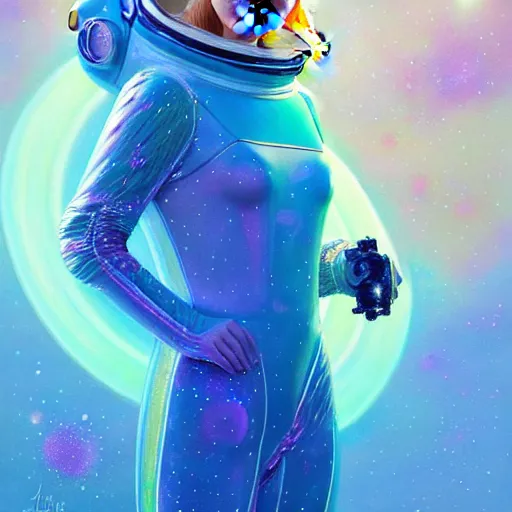 Prompt: portrait of a elle fanning wearing a spacesuit made of bioluminescent jellyfish in outer space, detailed realism face in painting, detailed beautiful portrait, oil painting masterpiece, 8 k resolution, smooth, sharp focus, trending on artstation, by bruce pennington