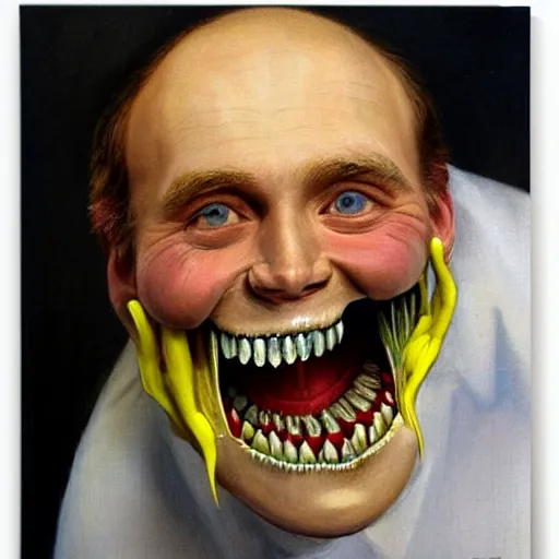 Image similar to dentist portrait of a dentist with large, giant teeth, rotten teeth, yellow, broken, cavities, moldy by Mark Brooks and Dod Procter