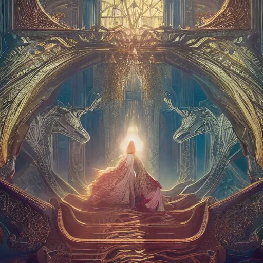 Image similar to neverending story generative palace, ultra realistic, neon lights, concept art, intricate details, serious, highly detailed, photorealistic, octane render, 8 k, unreal engine, art by todd mcfarlane and artgerm and greg rutkowski and alphonse mucha