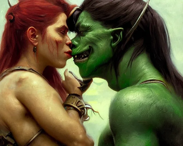 Image similar to romantic fantasy oil painting portrait of two female orc warriors kissing, wearing leather armor, their skin is green. fantasy art by greg rutkowski and john singer sargent