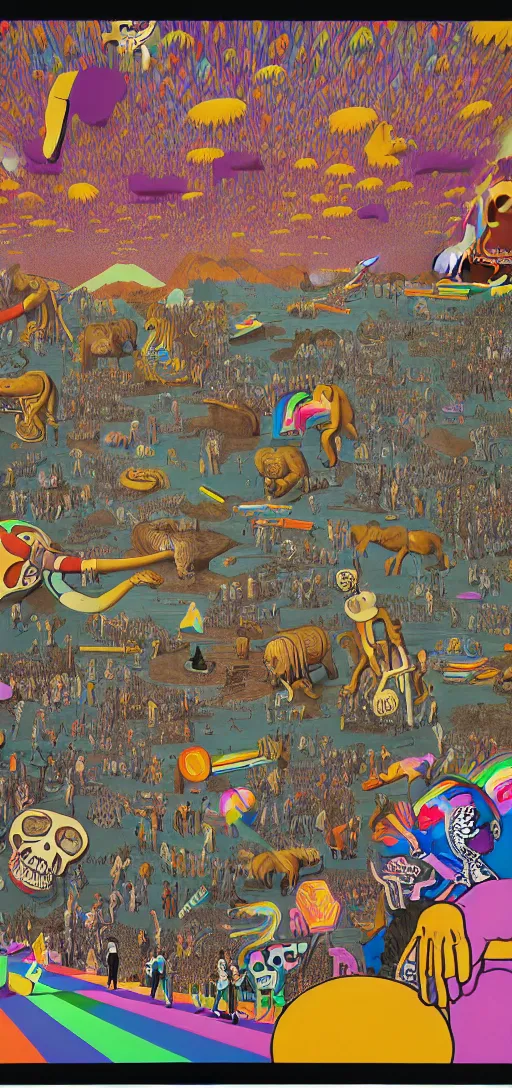 Image similar to epic mural of grizzly bear skeletons dancing, rainbow tubing, hieronymus bosch, victor moscoso, owsley, r crumb, clean outlines, shusei nagaoka, kaws, james jean, octane render