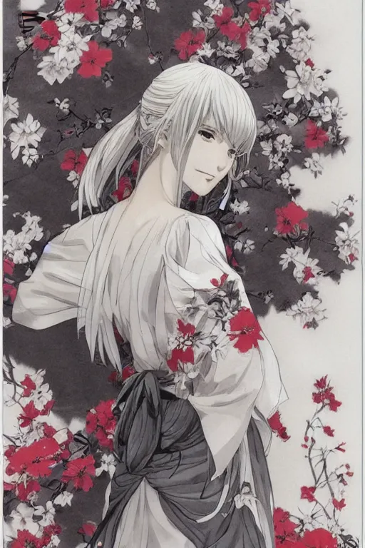 Prompt: (beautiful) girl, silver hair, white kimono with complex red flower patterns, full body, looking to camera, showing her shoulder from back, ilustration by ((Takehiko Inoue)) ((and Krenz Cushart))