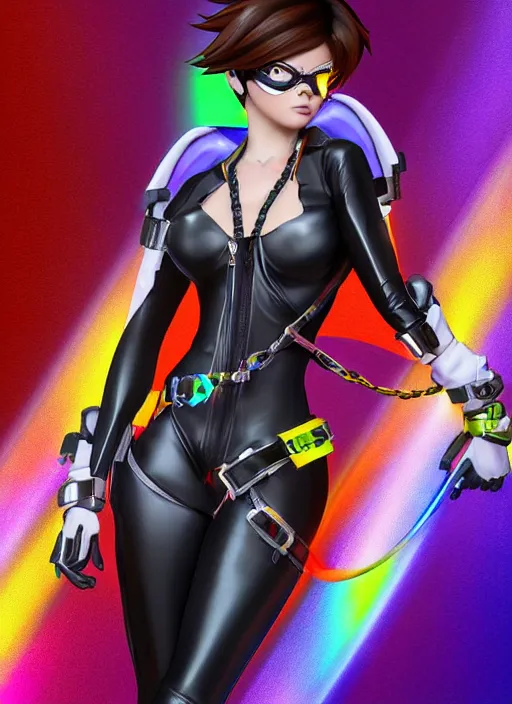Prompt: portrait bust digital artwork of tracer overwatch, wearing iridescent rainbow latex and leather straps catsuit outfit, in style of mark arian, angel wings, wearing detailed leather collar, chains, black leather harness, detailed face and eyes,