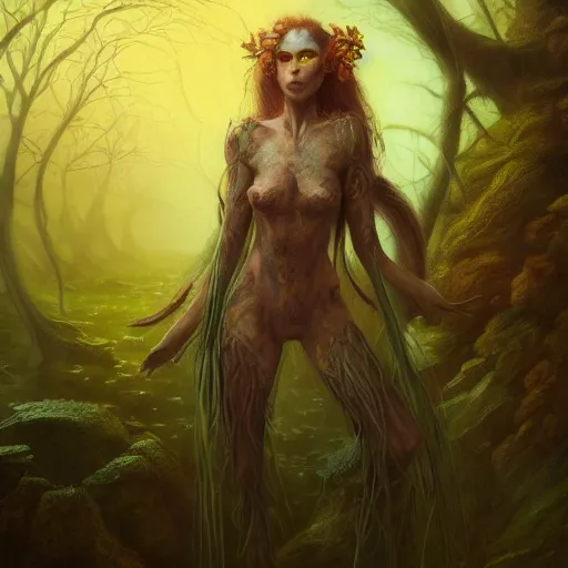 Prompt: cinematic painting, portrait of a dryad, inspired by brian froud, inspired by dungeons and dragons, fey, mysterious, in an evening autumn forest, trending on art station, cinematic sunset evening lighting, ominous shadows by jessica rossier