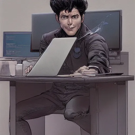 Prompt: a beautiful artwork of a young male scientist with black hair sitting at a desk with a laptop by Jerome Opeña, featured on artstation