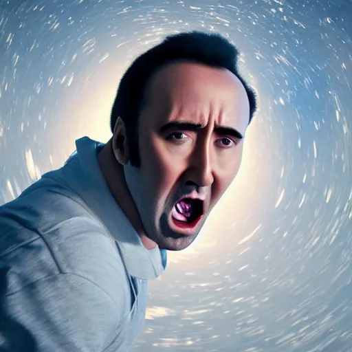 Image similar to hyperrealistic dslr film still of nicolas cage screaming in space, stunning 8 k octane comprehensive 3 d render, inspired by istvan sandorfi & greg rutkowski & unreal engine, perfect symmetry, dim volumetric cinematic lighting, extremely hyper - detailed, extremely lifelike attributes & lifelike texture, intricate, masterpiece, artstation, stunning