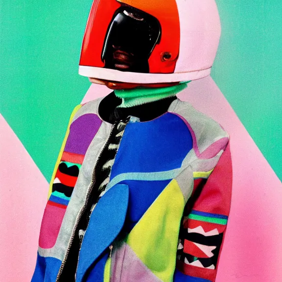 Prompt: model in motorcycle helmet wearing baggy colorful 9 0 s jacket by rick owens. magazine ad. geometric pastel background.