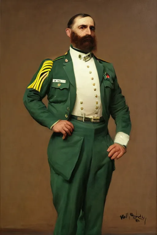 Image similar to full body portrait of the dictator of the seattle supersonics, 1 8 8 9, in full military garb, oil on canvas by william sidney mount, trending on artstation