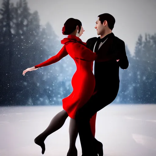 Prompt: a beautiful couple dancing tango in a frozen lake by Aurore Folny, girl wears a red dress, man wear black suit, trending Artstation, smooth, snow weather, iconic tango pose, illustration, romantic , octane render