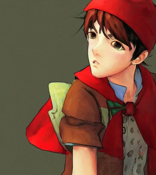 Image similar to attractive little boy character inspired in little red riding hood and narancia from jojo, digital artwork made by akihiko yoshida and makoto shinkai