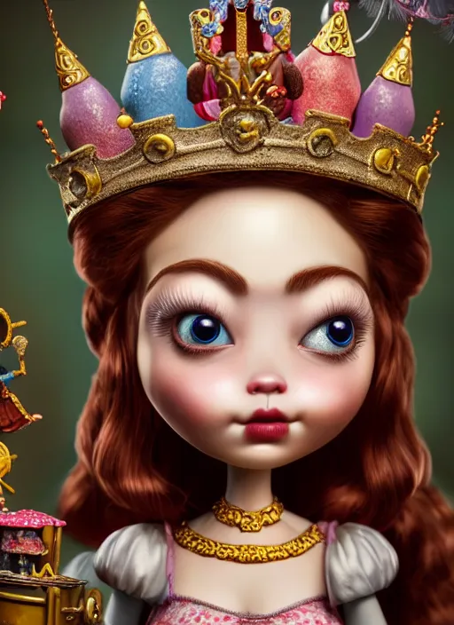 Image similar to highly detailed closeup, face profile portrait of a tin toy fairytale princess wearing a crown eating cakes, bikini, unreal engine, nicoletta ceccoli, mark ryden, earl norem, lostfish, global illumination, detailed and intricate environment