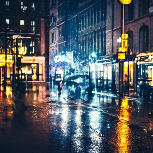 Image similar to photo, night, rain, modern city street, focus to the bar