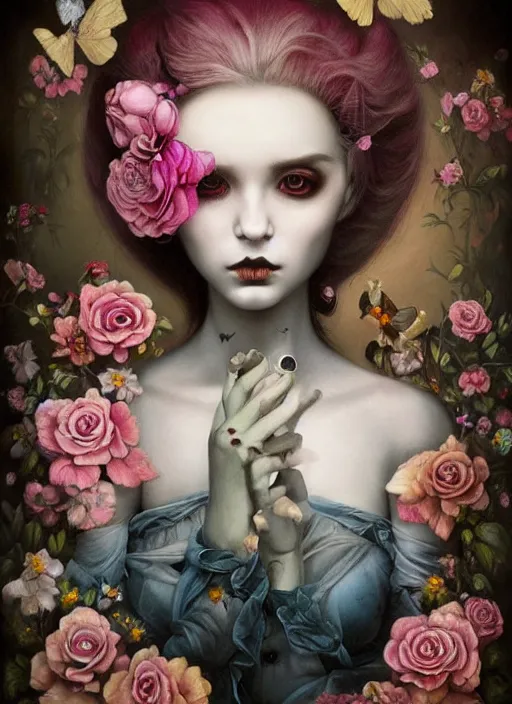 Image similar to pop surrealism, lowbrow art, dress, realistic flowers painting, hyper realism, muted colours, rococo, natalie shau, loreta lux, tom bagshaw, mark ryden, trevor brown style