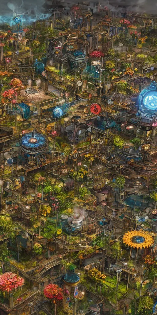 Prompt: technologic city with flowers on a steampunk land by borderlands, smooth, cinematic, wet reflections, ray tracing x, rtx, smooth