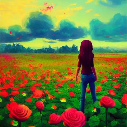 Image similar to giant rose flower head, full body girl sitting in a flower field, surreal photography, sunrise, dramatic light, impressionist painting, colorful clouds, digital painting, artstation, simon stalenhag