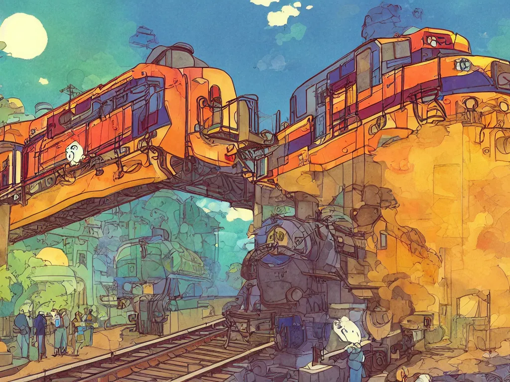 Prompt: longitudinal cut sideview of a anime train, digital art, autumn light, colorful, beautiful, inspired by studio ghibli, inspired by hayao miyazaki, concept art, manga, cute and adorable, illustration