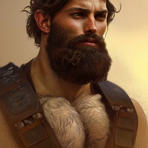 Prompt: portrait of a rugged ranger, muscular, upper body, hairy torso, d & d, fantasy, intricate, elegant, highly detailed, digital painting, artstation, concept art, matte, sharp focus, illustration, art by artgerm and greg rutkowski and alphonse mucha