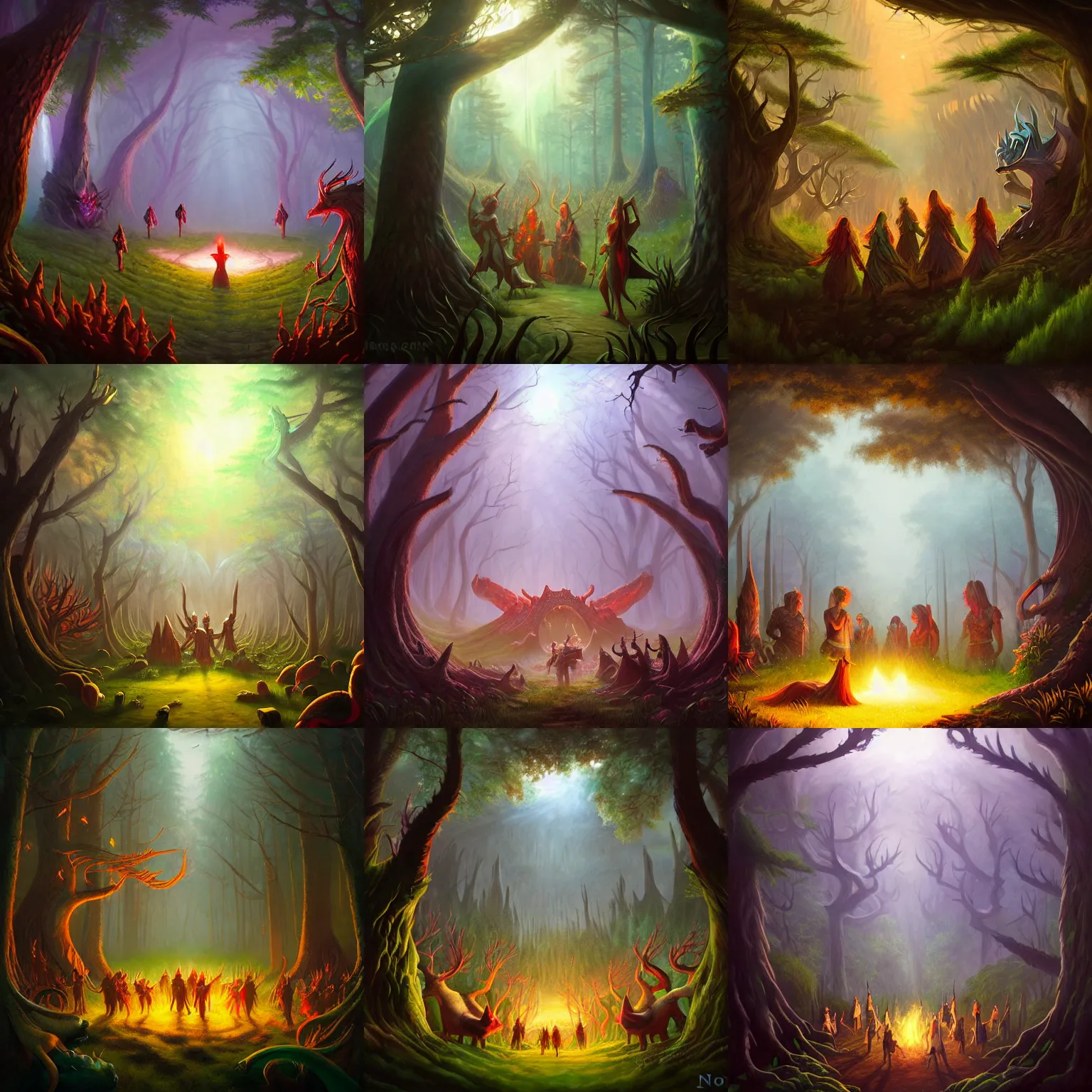 Prompt: party in the forest, many fantasy creature are invited, DND, fantasy art, by noah bradley