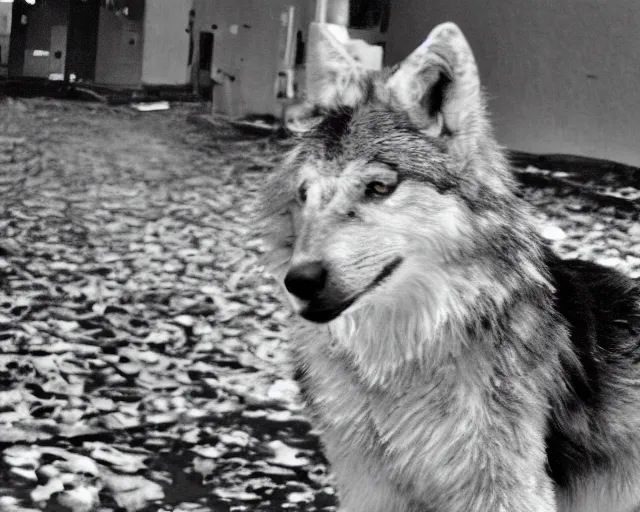 Prompt: Close up camera footage of a extremely aggressive Feral Black Dire Wolf with severe late stage rabies in an abandoned shopping mall, Wolf Snarling Directly toward camera, It Follows, Terrifying :7 , high exposure, dark, monochrome, camera, grainy, CCTV, security camera footage, timestamp, zoomed in, Creepy, Feral, fish-eye lens, Rabid, Dire Wolf, Nightmare Fuel, Wolf, Evil, Stalking, Bite, Motion Blur, horrifying, lunging at camera :4 Blood on floors, windows and walls :5