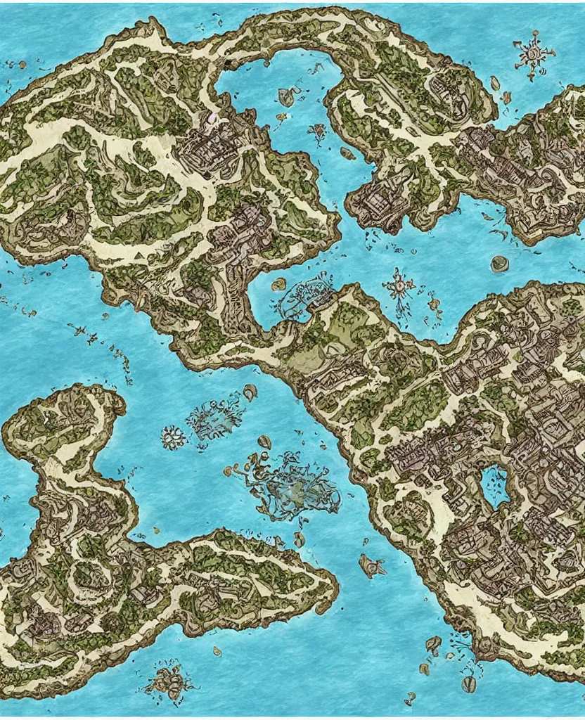 dnd shoreline port town and docks with islands, hand | Stable Diffusion