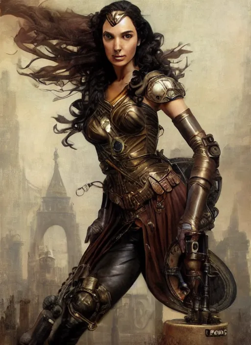 Prompt: oil painting highly detailed steampunk gal gadot action pose : leonardo da vinci, greg rutkowski, magali villeneuve