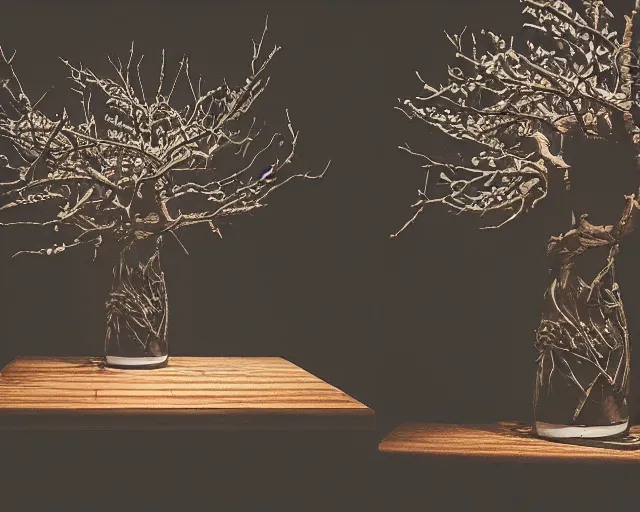 Prompt: table made of branches, studio light, dark background, 3 5 mm photography