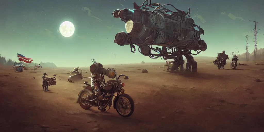 Image similar to american astronaut driving a motorcycle in moon, tribe members chasing, action scene, an epic fantasy, dramatic lighting, cinematic, establishing shot, extremely high detail, photorealistic, cinematic lighting, artstation, octane render, by simon stalenhag, horizon forbidden west