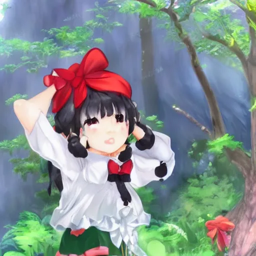 Image similar to a pixiv fanbox of reimu in the jungle wearing bonnet