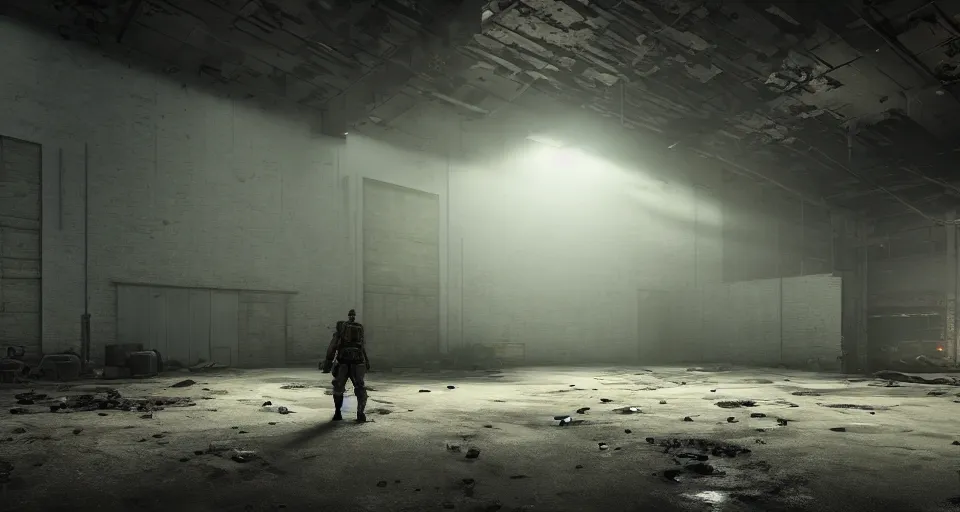 Image similar to abandoned warehouse at night filled with hired mercenaries patrolling the area, 3 d video game, atmosphere, octane render, depth of field, unreal engine 5, moody colors, trending on artstation, ultra high detail, ultra realistic, cinematic, focused, 8 k