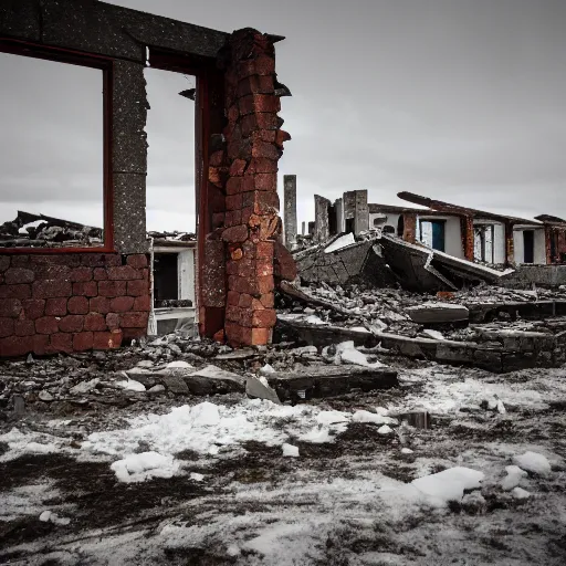 Prompt: Ruins of an apartment complex in the arctic, DSLR photography