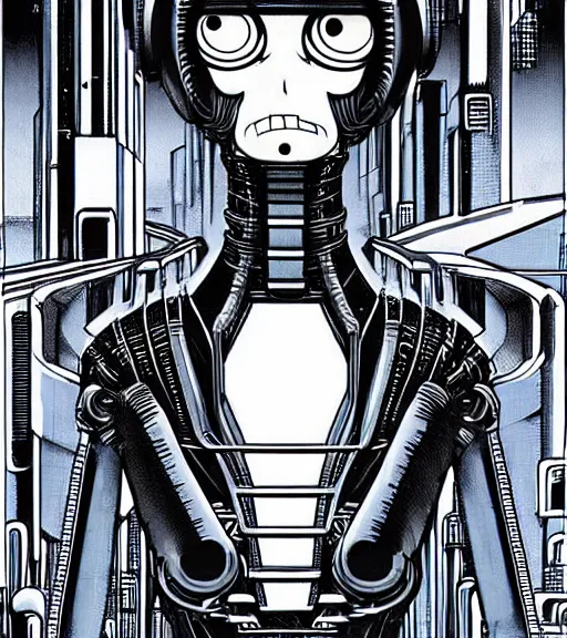 Image similar to portrait bender from futurama in futuristic city, by tsutomu nihei, by h. r. giger