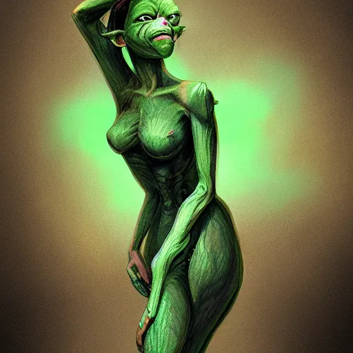 Prompt: illustration of a beautiful goblin girl, green skin, digital concept art