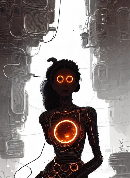 Image similar to highly detailed portrait of an android long curly fire hair tribal lady, stray wiring by atey ghailan, james gilleard, by joe fenton, by greg rutkowski, by greg tocchini, by kaethe butcher, 4 k resolution, gradient red, orange, black and white color scheme!!! ( ( burning flaming robotic dystopian city background ) )