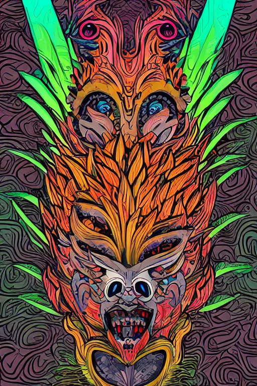 Image similar to animal mask totem roots flower tribal feather gemstone plant wood rock shaman vodoo video game vector cutout illustration vivid multicolor borderlands comics by josan gonzales and dan mumford radiating a glowing aura