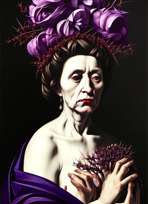 Image similar to portrait of a old year woman with a wreath of thorns a dress of bones and piony snake smoke, purple colour scheme, full length, masterpiece, dark background, art by caravaggio, artstation