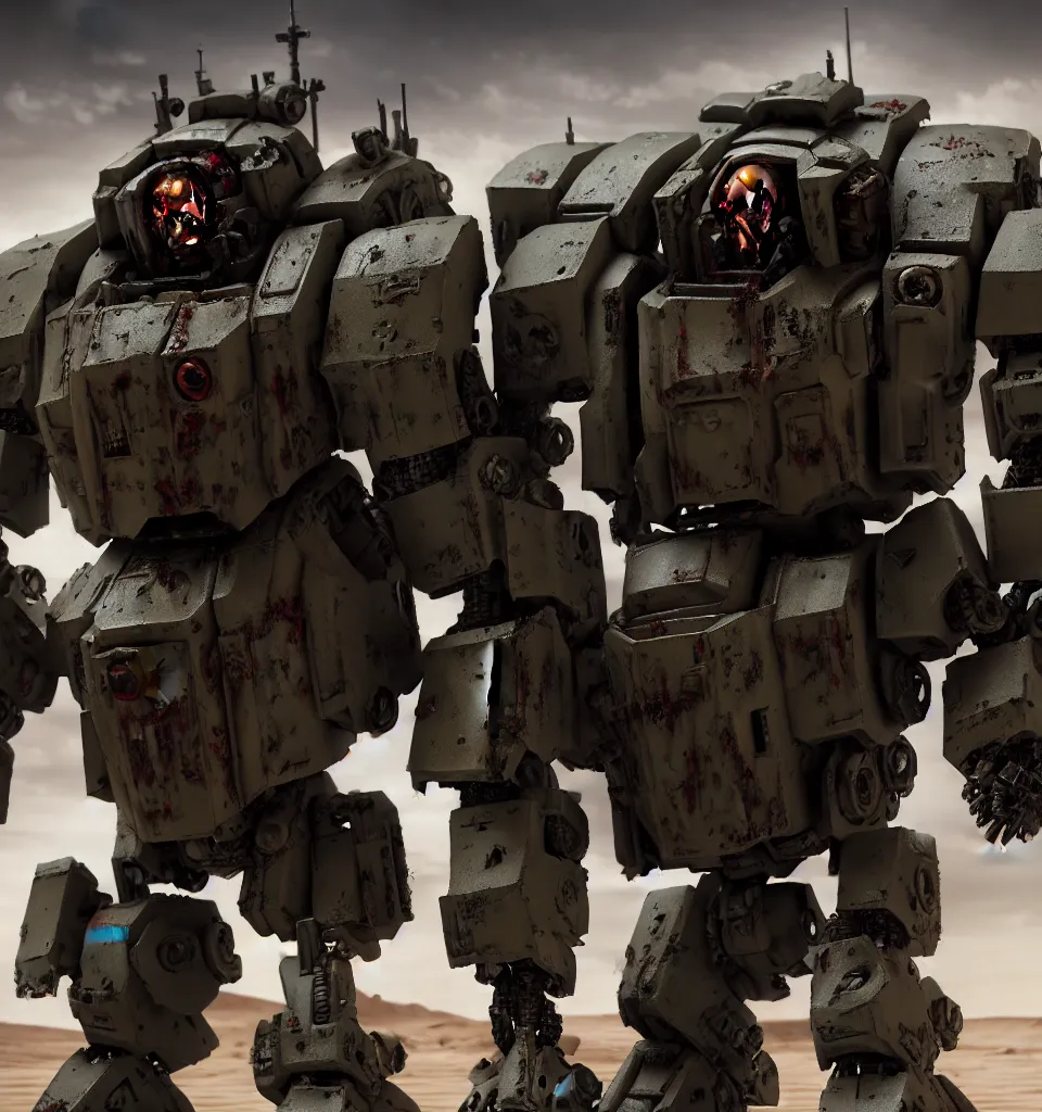 Prompt: cinematic still of a zombie heavy mech military space marine, by kow yokoyama, maschinen krieger, hobby japan, stormy post apocalyptic desert, highly detailed, 3 5 mm, shot with canon 5 d mark ii, face detail, rob bottin, rick baker, jordu schell, artstation, cg society, soft illumination