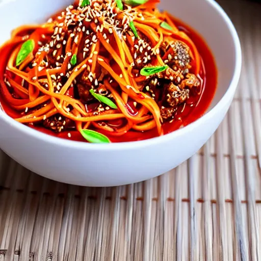Image similar to a very very yummy and spicy looking bowl of sichuan dandan noodles