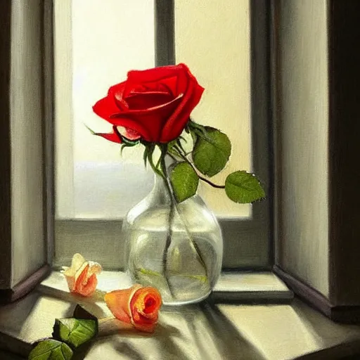 Image similar to The rose is placed in a vase on a windowsill. The light from the window casts a warm, golden glow on the petals of the rose, making them appear illuminated. The colors in the painting are soft and muted, giving the overall impression of a tranquil scene. Trending on artstation, in the style of famous painter.