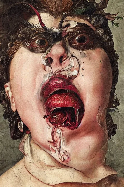 Image similar to Detailed maximalist portrait a with large lips and with large eyes, angry expression, fleshy botanical, HD mixed media collage, highly detailed and intricate, painting in the style of Caravaggio and Jenny saville, dark art, baroque