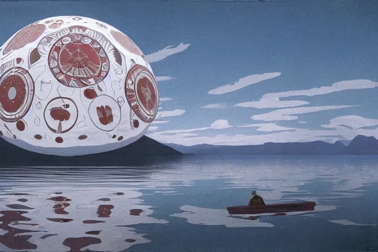 Image similar to a giant floating sphere covered in canadian aboriginal patterns hovering above a Yukon lake, painted by Ralph McQuarrie, matte painting