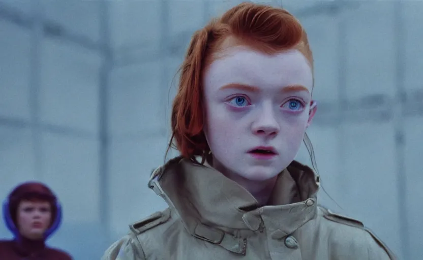 Image similar to sadie sink with spiky short hair in oversized man's coat : a still from a scifi soviet cyberpunk film from 1 9 8 0 s. by steven spielberg and james cameron. 6 5 mm low grain film stock. sharp focus, realistic facial expression, perfect anatomy, cinematic atmosphere, detailed and intricate environment, trending on artstation