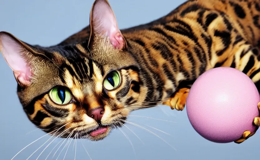 Prompt: happy bengal cat catching a ball