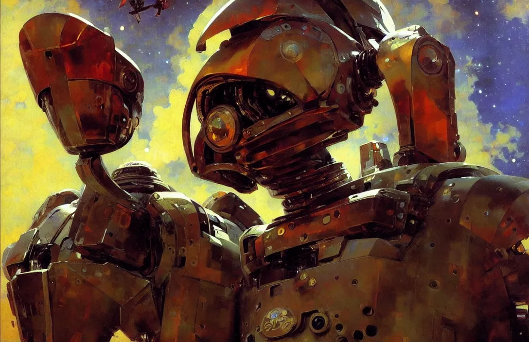 Image similar to portrait of futuristic space robot!!!!!!!!!!!!!!!!!!!!!!!!!!!, detailed face, detailed painting, epic lighting, by ilya repin, phil hale and kent williams